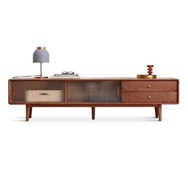 Imagem de Suporte de TV Armário de TV Moderno Suporte de TV, Centro de Entretenimento em Carvalho com 2 Gavetas e 2 Portas Deslizantes de Vidro, Alças de Latão Refinadas para Uma Sala de Estar Limpa e Natural