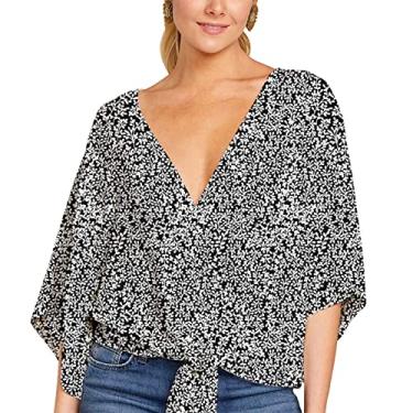 Imagem de Blusa Feminina Floral Com nó Frontal, Elegante, Amigável à Pele, Gola V, Manga Morcego, Blusa Floral, Fibra de Poliéster para Encontros (2XL)