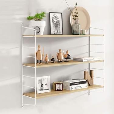 Imagem de Prateleira flutuante de parede, arte em ferro, madeira sólida, 3 camadas, decoração de parede americana, quarto, sala de estar, prateleira suspensa, c