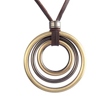 Imagem de AZORA Colar de pingente de anel múltiplo de cor bronze feito à mão estilo boho longo de corda de couro colar para mulheres, Couro, Sem Pedra Preciosa