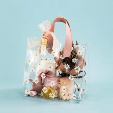 Imagem de YMASELA Saco de embrulho transparente para presente com alças (24 x 23 x 14 cm, 2 peças) Saco de plástico resistente à prova d'água para festa, sacola de compras de PVC transparente de varejo