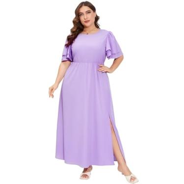 Imagem de ShopWonder Vestido longo feminino plus size, gola redonda, babados, manga curta, cintura alta, dividido, verão, casual, com bolsos, Roxo claro, 3G