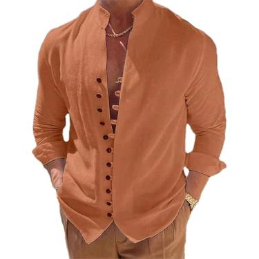 Imagem de Camisetas masculinas de verão casuais de algodão e linho manga comprida gola alta camisetas slim trespassado camisetas masculinas, Laranja, M