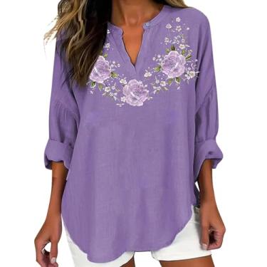 Imagem de Camisetas de linho femininas Alzheimer, manga comprida, roxa, estampa floral, camisetas grandes, blusas soltas, Verde - E, G