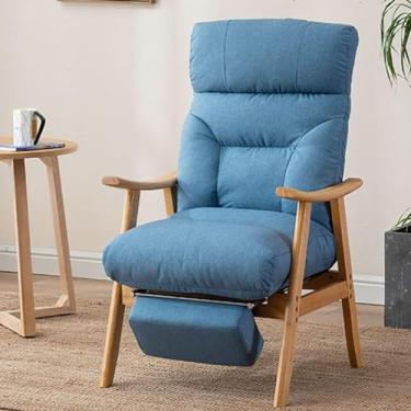 Imagem de Poltrona de madeira Cadeiras de mesa para quarto Cadeira de tecido respirável com encosto ajustável, poltrona reclinável com apoio para os pés, assento estofado largo, cadeira de móveis, azu