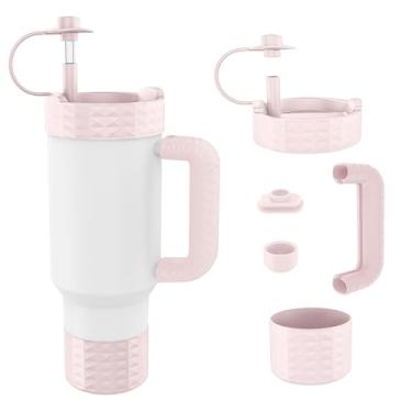 Imagem de Tyasoleil Capa protetora de silicone 5 peças para copo Stanley Quencher H2.0 850 g 1134 g e IceFlow 850.5 g 567.0 g, reduz arranhões de ruído, tampas de palha e protetor inferior antiderrapante (bege)