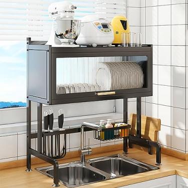 Imagem de Escorredor de louça sobre a pia, escorredor de pratos grande de aço carbono, escorredores de pratos para armazenamento de balcão de cozinha doméstica, organizador de prateleiras acima da pia com