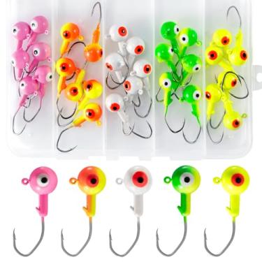 Imagem de Alwonder Pacote com 30 cabeças de pesca, cabeça redonda tipo tipo de peixe com olhos 3D, cabeças de 1/113.4 g para robalo, truta, peixe, poleiro Bluegill Walleye, isca macia viva de tamanhos variados,