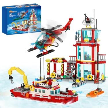 Imagem de City Oceans Fire Station Building Kit - Compatible with Lego fire Station Set, with Fire Station/Fire Helicopter/Fire Ship/Rescue Boat, Gift for Sets for Boys 8-14 Years
