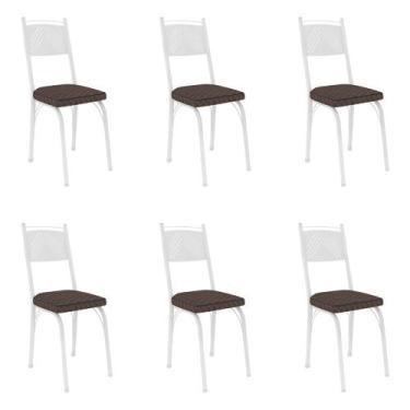 Imagem de Kit 6 Cadeiras de Cozinha Virginia Estampado Tecelão Cacau Pés de Ferr