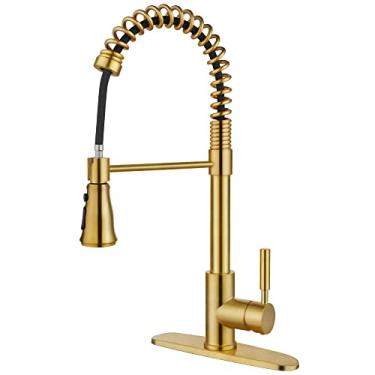 Imagem de SOKA Torneira de pia de cozinha com alça única sólida de dupla função com placa de deck Pulverizador de mola torneira de cozinha, ouro escovado (SK5001AR)
