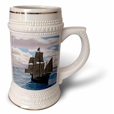 Imagem de 3dRose Caneca de caneca de caneca com navio medieval navegando em um mar áspero em um dia nublado, 530 ml, 640 ml, branca
