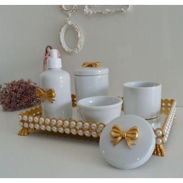 Imagem de Kit Higiene Porcelana Bebe Pote Gel Bandeja Perola Cotonete K056 - Cir