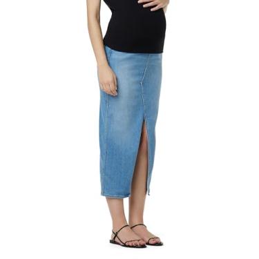 Imagem de HUDSON Saia jeans midi com faixa de barriga para gestantes com fenda frontal, Fora de temporada, 60