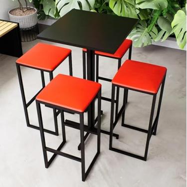 Imagem de Conjunto Mesa Alta Bar Bistrô Quadrada Preta 4 Bancos Estofado Industrial Black (Vermelho)