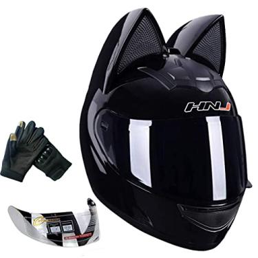 Imagem de Capacete de motocicleta Wangbadan com orelha de gato, masculino e feminino, capacete de rosto inteiro de gato bonito, padrão de certificação DOT/FMVSS-218, adequado para todas as estações, preto, M