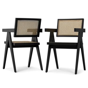 Imagem de SIMPLIHOME Regina Conjunto de poltronas de jantar pretas de 5 cm, 57 x 49 x 84 cm, madeira de faia com encosto de vime e assento para sala de jantar