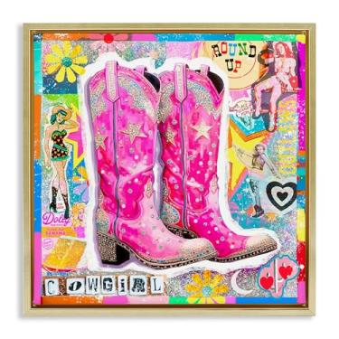 Imagem de Stupell Industries Groovy Vintage Cowgirl Collage Framed Floater Canvas Wall Art Design por Jess Stempel, moldura flutuante dourada, 45,7 x 45,7 cm