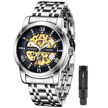 Imagem de Tiong Relógio mecânico masculino luminoso de aço inoxidável, relógio mecânico à prova d'água com números romanos esqueleto, W9005 - prata e preto, Mecânico
