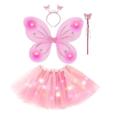 Imagem de Conjunto de 4 peças de fantasia de fada de borboleta LED princesa cosplay com asas, saia tutu, varinha (Conj 4pç Adulto ROSA LED, 40cm - Adulto)