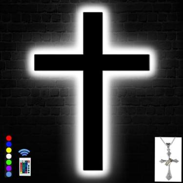 Imagem de OUYENL Decoração de parede cruzada sinal neon com cruz e colar de cruz presentes cristãos católicos crucifixo decoração 16 cores mudando luzes noturnas remotas tamanho grande