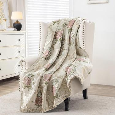 Imagem de Loom and Mill Cobertores florais jacquard para cama, mantas damasco estilo francês com acabamento de franjas, cobertor macio e leve forrado de veludo para sofá e cadeira de todas as estações (bege