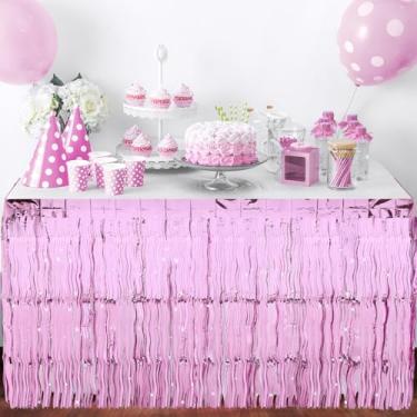 Imagem de Teenyyou Pacote com 2 saias de mesa com franjas de alumínio ondulado brilhante para decorações de aniversário de sereia, tema de praia de verão, decoração de festa de aniversário de luau de tubarão