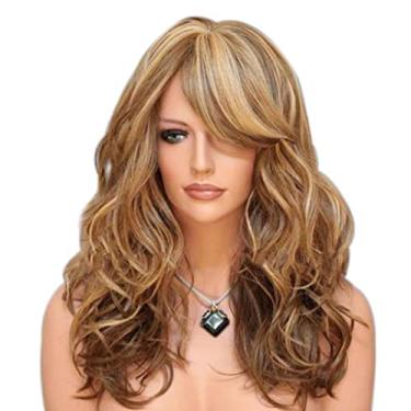 Imagem de Lindo Peruca loira mista marrom peruca ondulada solta para festa diária peruca sintética sem gel perucas sem cola com franja (60 cm/24 pol) respirável Ajustável