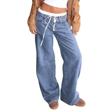 Imagem de Justalwart Calça jeans feminina preta de cintura baixa folgada, Jeans com detalhe boxer com cordão, PP