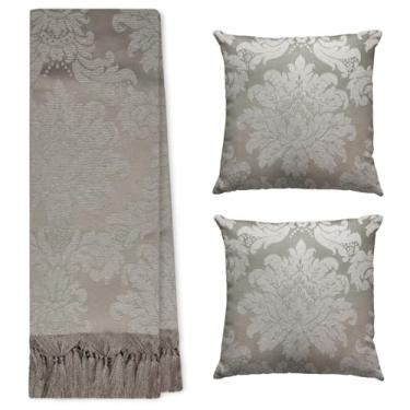 Imagem de Jogo Manta Xale para Sofá Artesanal com Franjas 1,40 x 3,00 com 2 Almofadas (72 CINZA E OFF WHITE)