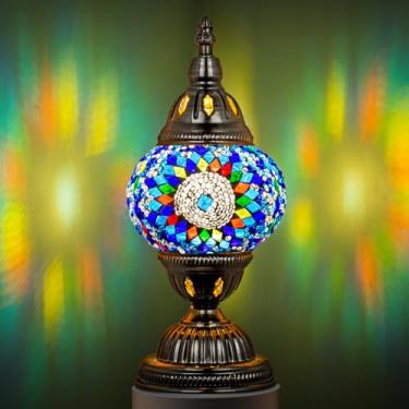 Imagem de Marrakech Luminária De Mesa Turca Com Base De Bronze, Luminária De Mesa De Cabeceira Estilo Mosaico De Vidro Azul Marroquino Tiffany Feita À Mão, Incluindo Lâmpada Led Para Decoração De Sala De Esta