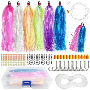 Imagem de FREE FISHER Kit de 200 peças de iscas de pesca inclui Mylar Flash Teasers Bucktails, boias, contas de pesca, anzóis, giros de barril, linha de pesca, equipamento de linguado pré-equipado, pesca de