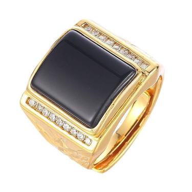 Imagem de Anel Grande Masculino Pedra Preta Banhado A Ouro Ajustável
