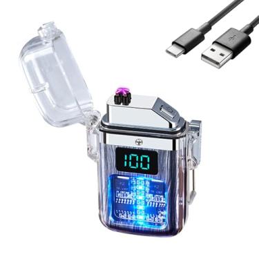 Imagem de TIKIUKI Isqueiro elétrico recarregável de plasma de arco duplo à prova de vento à prova d'água com visor de energia LED (preto e branco)