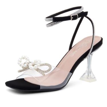 Imagem de Shoe Land Salto feminino com laço de strass transparente – laço duplo e tira ajustável no tornozelo | Salto alto stiletto de cristal com bico quadrado aberto para casamento e festa, Pérola preta