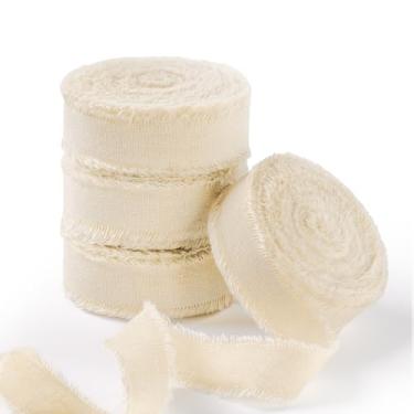 Imagem de FAKILO Fita de algodão rústico natural com borda desgastada, fita champanhe 100% algodão 1,5 cm x 24 m para buquês de casamento vintage, convites, chá de bebê, embrulho de presente, artesanato DIY
