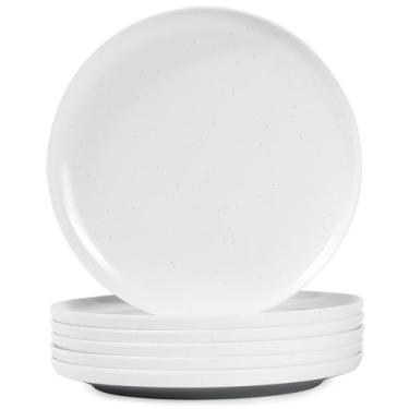 Imagem de Webbylee Conjunto de 6 pratos de jantar de melamina de 26 cm - Pratos de servir duráveis perfeitos para uso ao ar livre na cozinha, lavável na lava-louças, resistente a arranhões - branco e cinza
