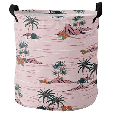 Imagem de Cesta de lavanderia dobrável rosa palmeira organizador de brinquedos cesto de roupa suja para cestas de armazenamento de roupas sujas (cor: rosa, tamanho: 42 x 44 cm)