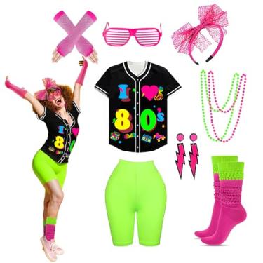 Imagem de Conjunto de acessórios femininos dos anos 80 anos 80, camisa de jérsei de beisebol, shorts neon, meias folgadas, faixa de cabeça, Beisebol - verde dos anos 80, 3G