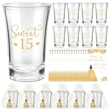 Imagem de Havawish 25 conjuntos de lembrancinhas de festa de quinze anos para convidados Golden Sweet 15 copos de acrílico transparente com cartões de agradecimento sacos de organza Mis Quince Anos Quinceanera