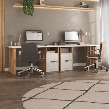 Imagem de Kit com 2 Escrivaninhas Florence Elegante com Pés Ripados, 4 Gavetas e Nichos Branco/Olmo