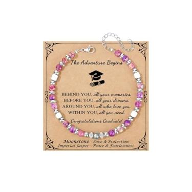 Imagem de Presentes de formatura 2025 para ela, pulseira de formatura The Adventure Begins, presentes de formatura do ensino médio para ela, pulseiras de pedra da lua, pulseira de inspiração para presentes de