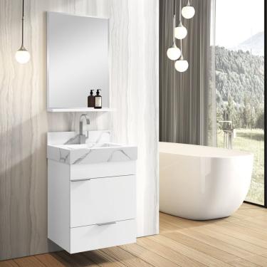 Imagem de Gabinete Para Banheiro Com Cuba Esculpida Em Porcelanato E Espelheira Club Kit 40 Bumi Branco