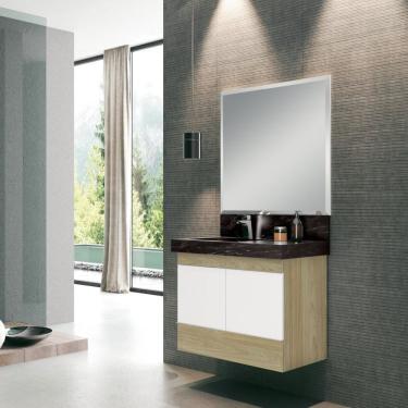 Imagem de Conjunto Para Banheiro Com Espelho, Gabinete, Lavatório Em Porcelanato Com Cuba Esculpida 80cm Bumi Wood/branco/preto