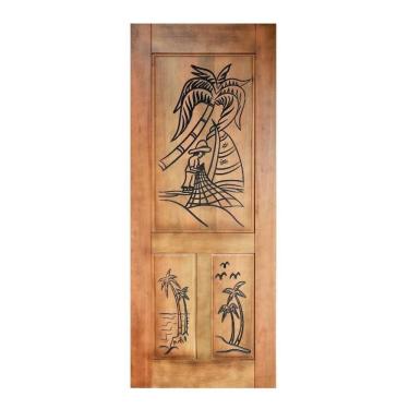 Imagem de Folha De Porta Madeira Maciça Entalhada Pescador 90x210x3,5cm Cedro Rosa Madeira