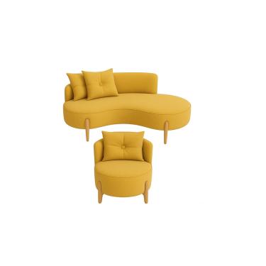 Imagem de Conjunto 01 Poltrona + Sofá Curvo Orgânico Veludo Amarelo - Montanaris Decor