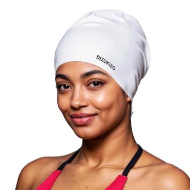 Imagem de Dizokizo Touca de natação de silicone extra grande para cabelos longos, touca de natação impermeável de alta elasticidade para mulheres e homens adultos com dreadlocks, tranças, extensões, tranças e