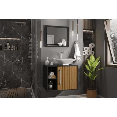 Imagem de Conj Gabinete e Espelheira Bremen p/ Banheiro Preto/Ripado - Mobiliar 