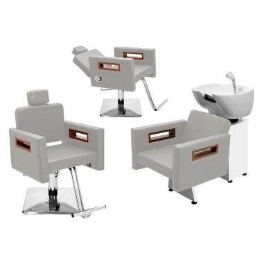 Imagem de Kit Salão de Beleza 1 Cadeira Fixa + 1 Reclinável Quadrada + 1 Lavatório Tunísia
