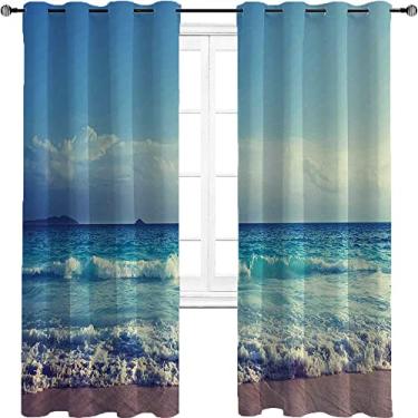 Imagem de Cortina blackout Tropical Island, Ocean Waves Beach at The Sunset Time Skyline, 2 painéis por grupo são usados na sala de estar ou quarto, L 182 x C 84 polegadas turquesa azul celeste